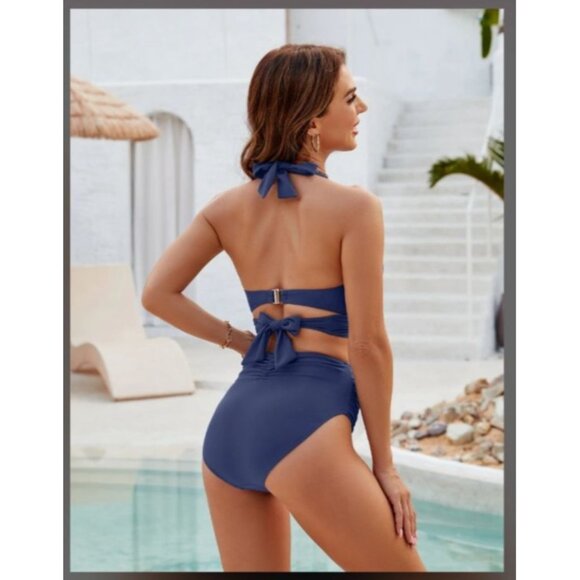 Womens Large Tummy Control Modest High Waisted Bikini Set Halter Top Swimsuit - Picture 2 of 12